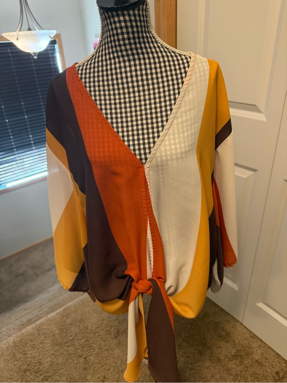 Adrienne Colorblock Tie-Front V-Neck Blouse - Rust, Mustard & Cream